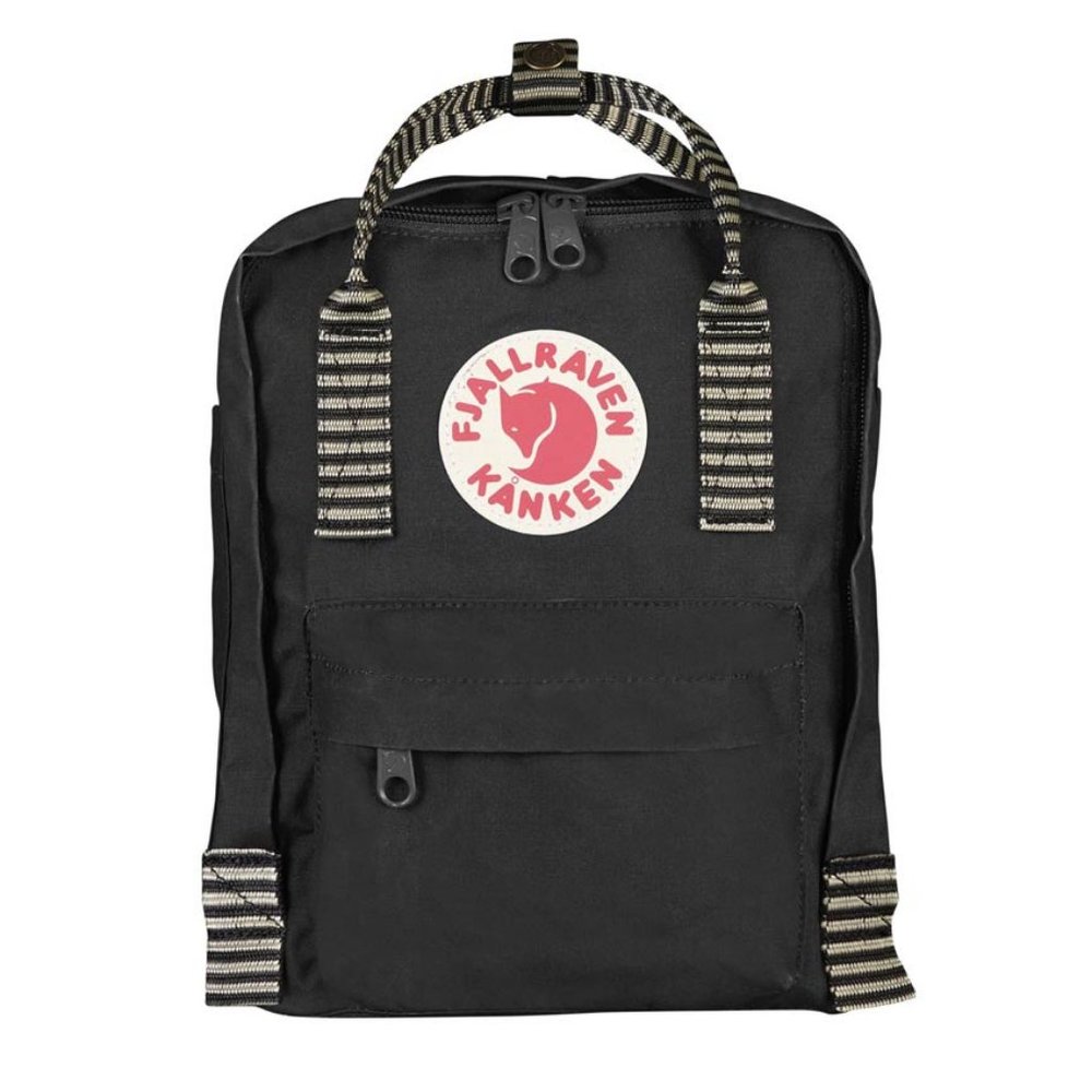 Fjallraven Kanken Black Backpack with Cream/Black Striped Handles
